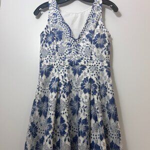 Minuet/Anthropologie Blue & White flower lace patterned party dress